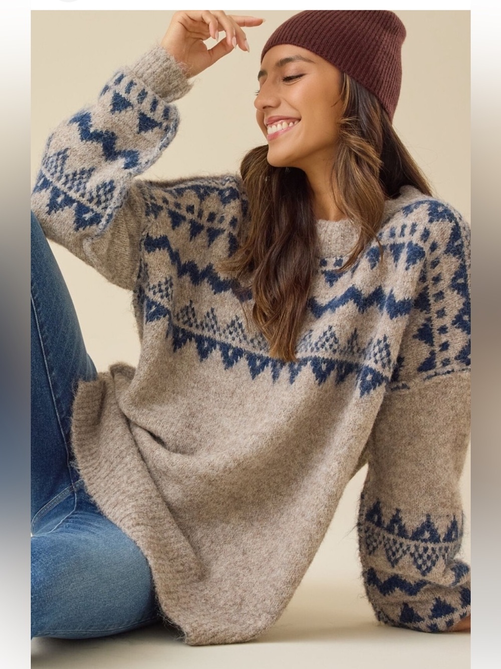Altar'd State Taupe & Navy Blue Oversized Fair Isle Sweater XSmall